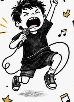 Benny Benz, a small boy with spiky black hair, mid-jump and yelling into a microphone
