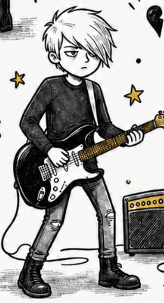 Jay, a boy with white hair covering one eye, playing electric guitar with a deadpan expression