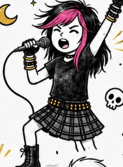 Lessie, a girl with a hot pink streak in her black hair, singing with one fist in the air