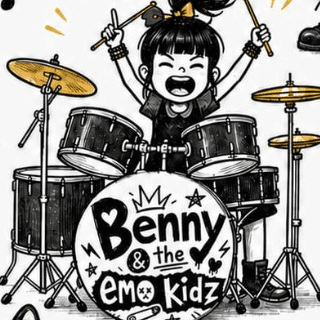 NaNa Bones, a girl with a bow in her ponytail, arms up mid-crash behind a drum kit