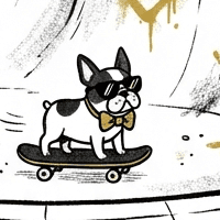 Benny, a French bulldog in sunglasses and a bow tie, riding a skateboard