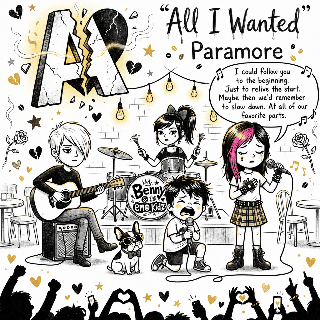 Page A from the book: All I Wanted by Paramore. The Emo Kids play a tearful set under string lights, lyrics in a speech bubble.