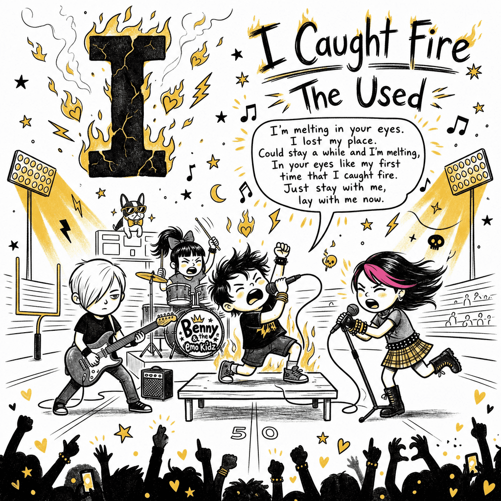 Page I from the book: I Caught Fire by The Used. The band plays a stage on fire, letter I in flames, lyrics in a speech bubble.