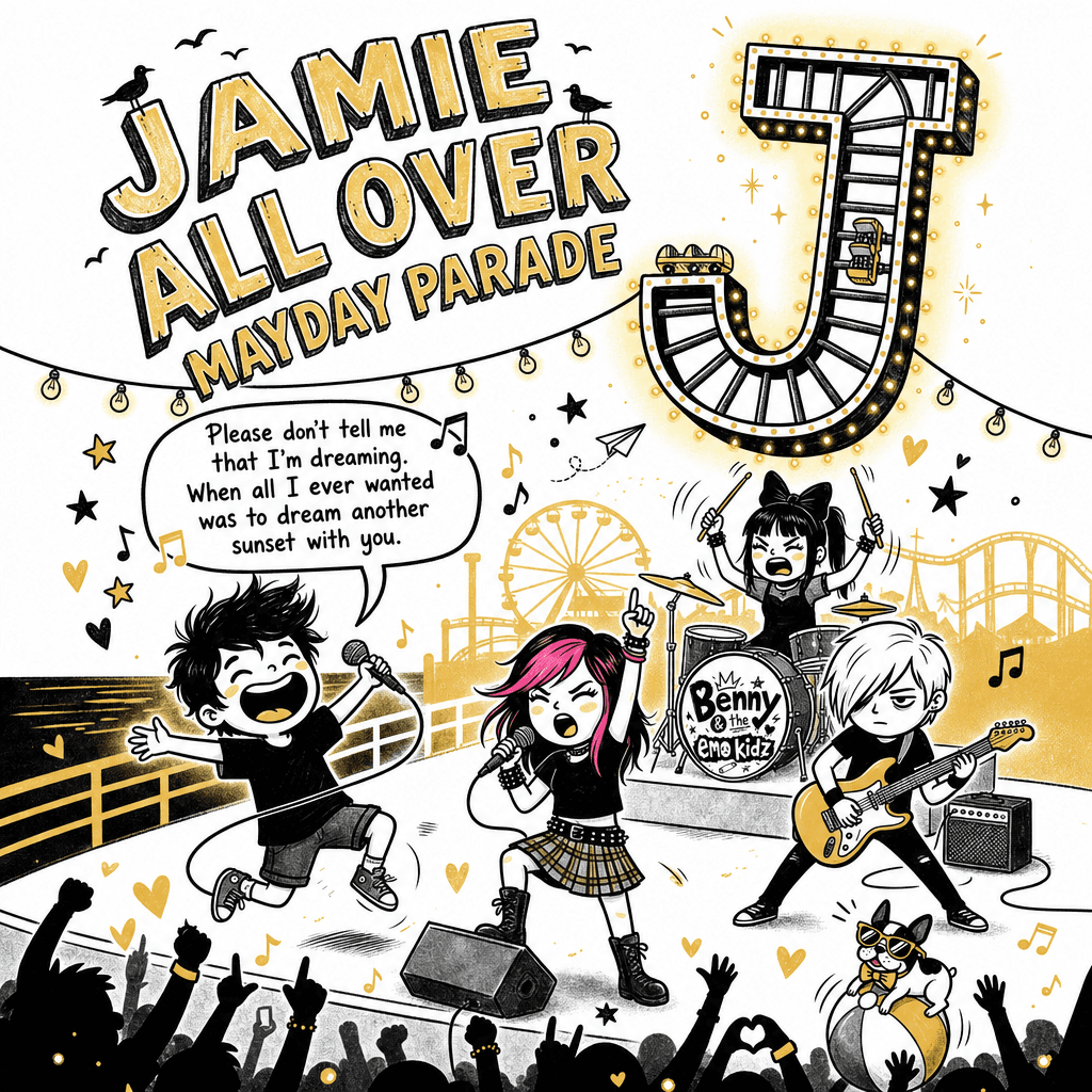 Page J from the book: Jamie All Over by Mayday Parade. A boardwalk sunset show with a roller-coaster letter J and Benny on a beach ball.