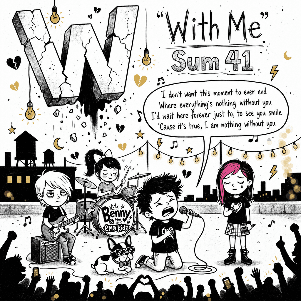 Page W from the book: With Me by Sum 41. A rooftop ballad under string lights with the city skyline behind.